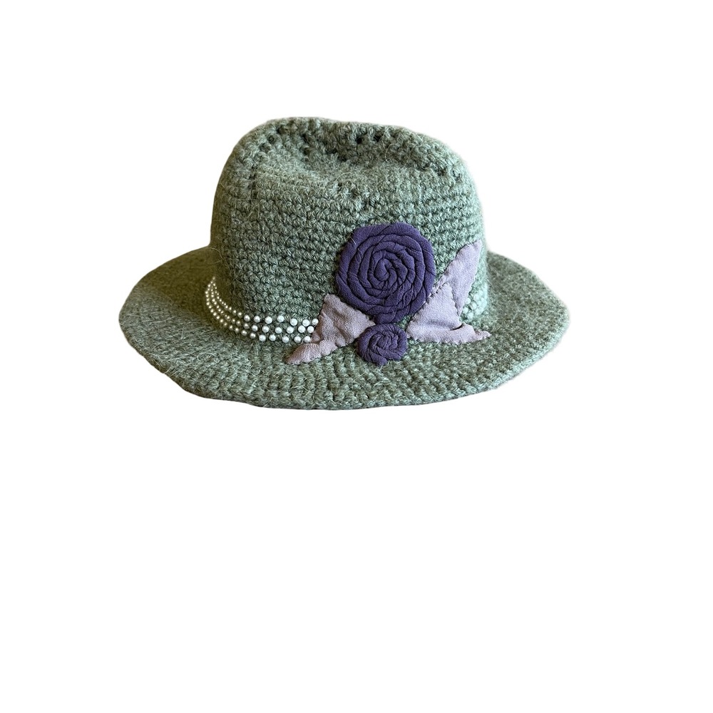 Moth Anthropologie Green Wool Alpaca Cloche Hat Purple Rosette Pearl Trim OS